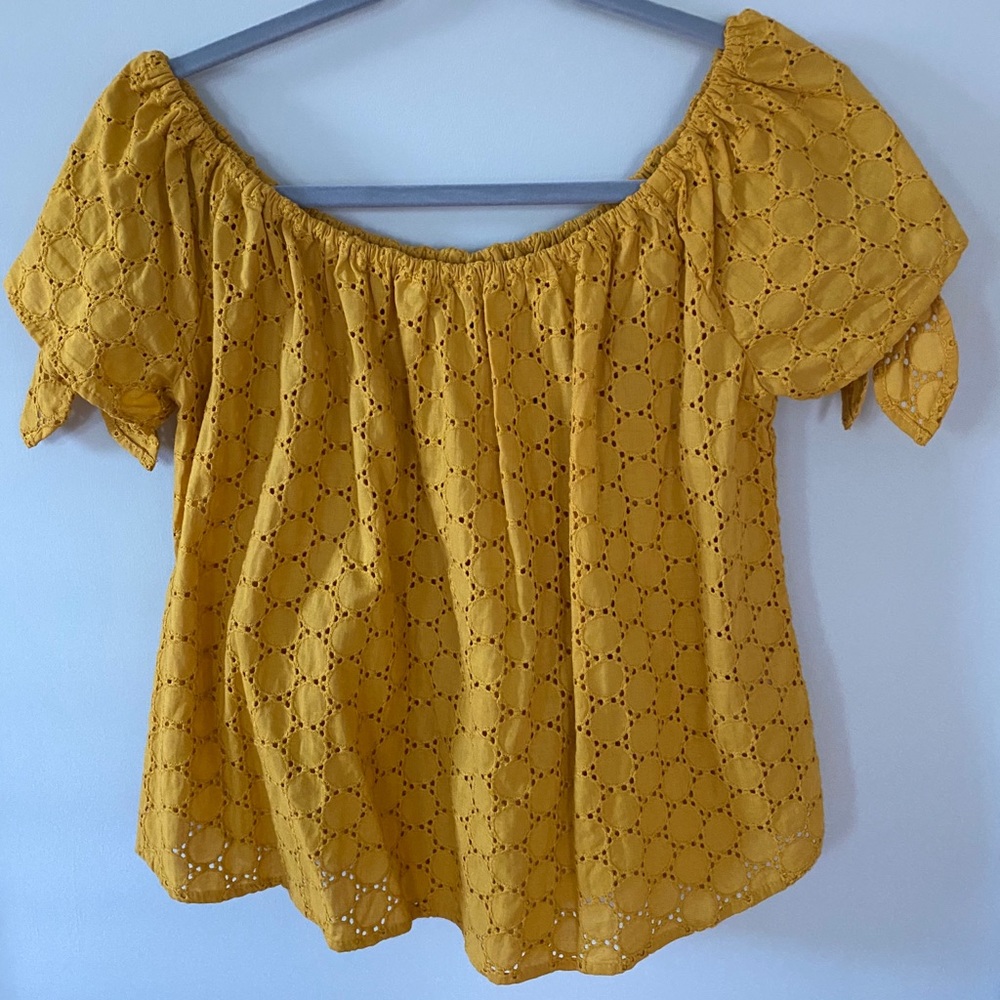 Mustard Yellow Off-the-Shoulder Eyelet Blouse